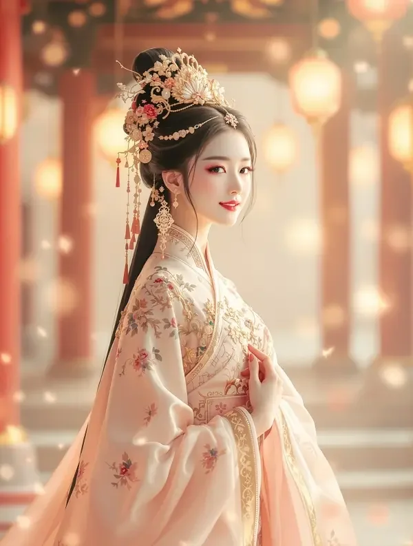 公主的点心铺古风短剧封面，粉色汉服的公主在点心铺中